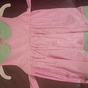 6-12 Months ...By Little Cactus. PINK GINGHAM DRESS WITH GREEN COLLAR AND HEM.